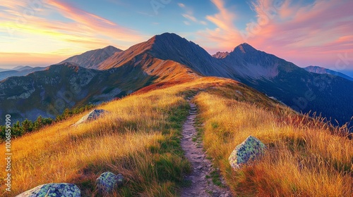 Fototapeta Naklejka Na Ścianę i Meble -  Mountain trail leading along the mountain ridge of beautiful mountains with autumn grass and colorful sky. Western Tatras, High Tatras, Slovakia, Poland. Discovering hiking in a colorful autumn., 