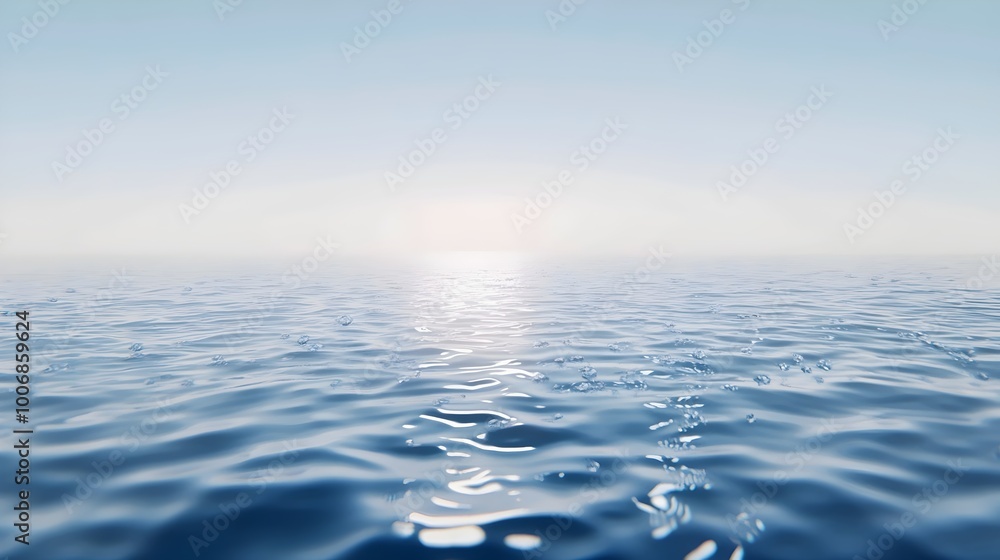 Fototapeta premium A serene view of the ocean with a hazy sky and shimmering water. The sun shines brightly above the horizon, casting a golden glow over the surface.