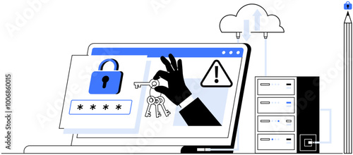 Wallpaper Mural Laptop showing a padlock, keys, a warning sign, and server. Ideal for cybersecurity, data protection, encryption, privacy, cloud computing. Black white blue colors. Modern flat style Torontodigital.ca