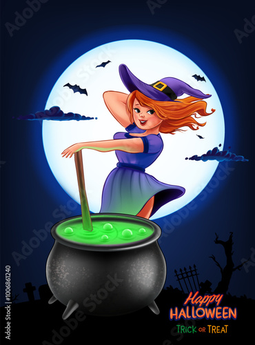 witch with pot slime halloween postcard