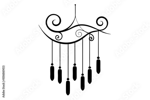 wind chimes, silhouette, breeze, vector illustration, charming, decorative, outdoor, garden, serene, relaxing, nature, sound, aesthetic, hanging chimes, peaceful, art, whimsical, black and white, gent