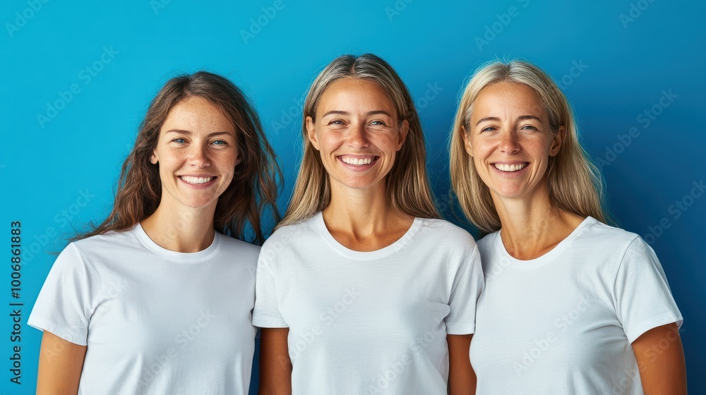 Photo portrait of three sisters different generations smiling happy in white t-shirts isolated on vivid blue color background, Generative AI Photo portrait of three sisters different generations smiling happy in white t-shirts isolated on vivid blue color background, Generative AI
