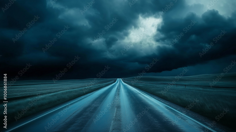 Driving on the road, A wide road with dark storm clouds overhead, leading to an unknown destination. The sky is filled with ominous black and gray hues, creating the perfect backdrop for adventure Driving on the road, A wide road with dark storm clouds overhead, leading to an unknown destination. The sky is filled with ominous black and gray hues, creating the perfect backdrop for adventure