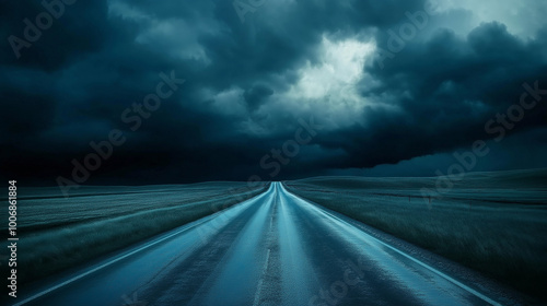 Driving on the road, A wide road with dark storm clouds overhead, leading to an unknown destination. The sky is filled with ominous black and gray hues, creating the perfect backdrop for adventure