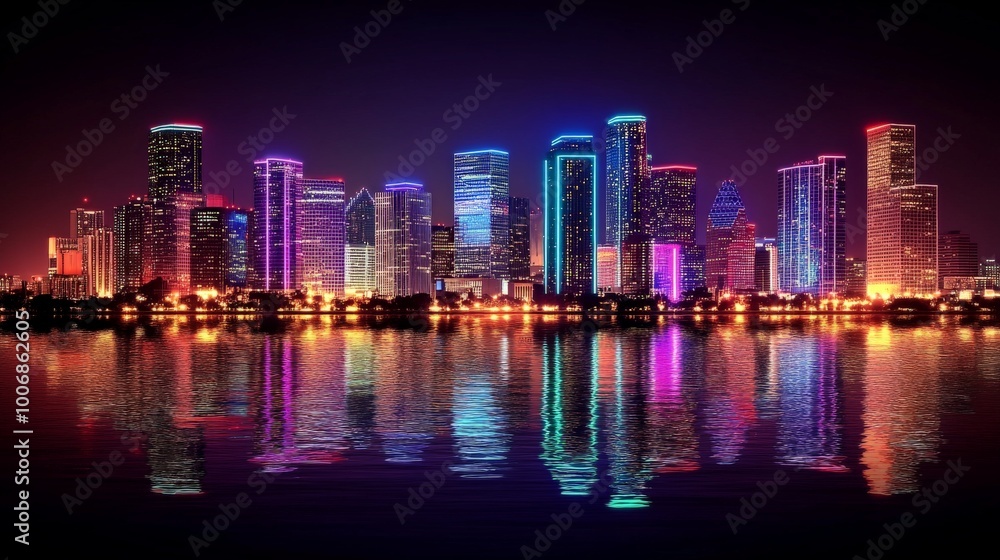 Naklejka premium Vibrant Cityscape: Neon-Lit Skyscrapers Reflected in the Water