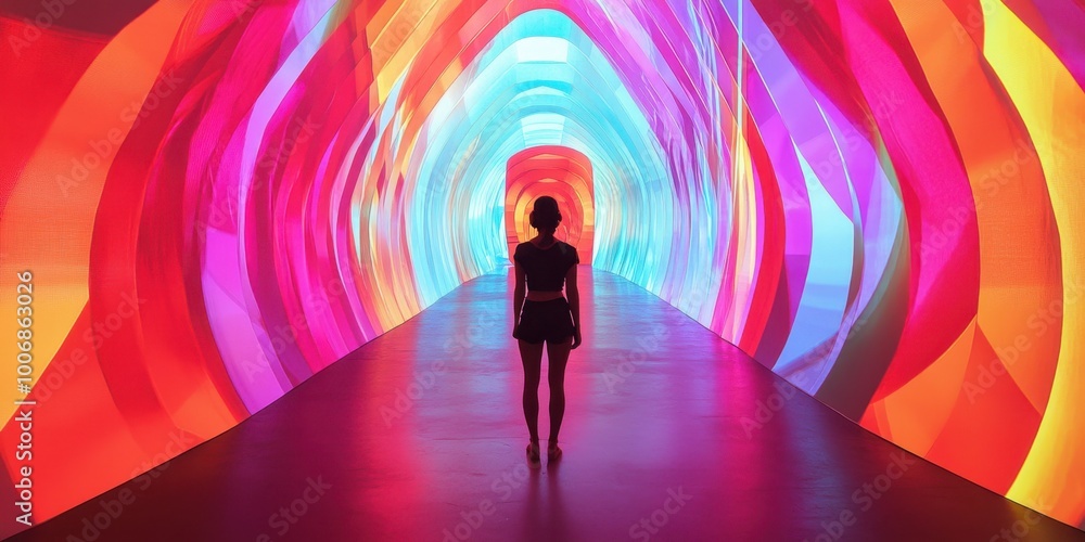 a woman walking through a tunnel of colorful lights a woman walking through a tunnel of colorful lights