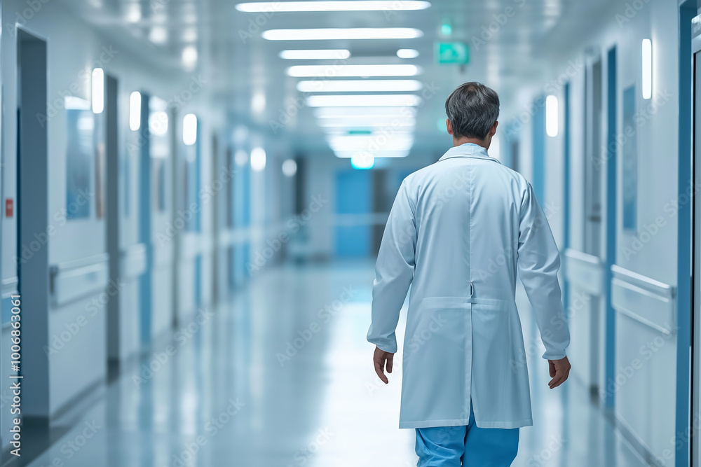 A medical professional in white coat in a modern corridor setting. A medical professional in white coat in a modern corridor setting.