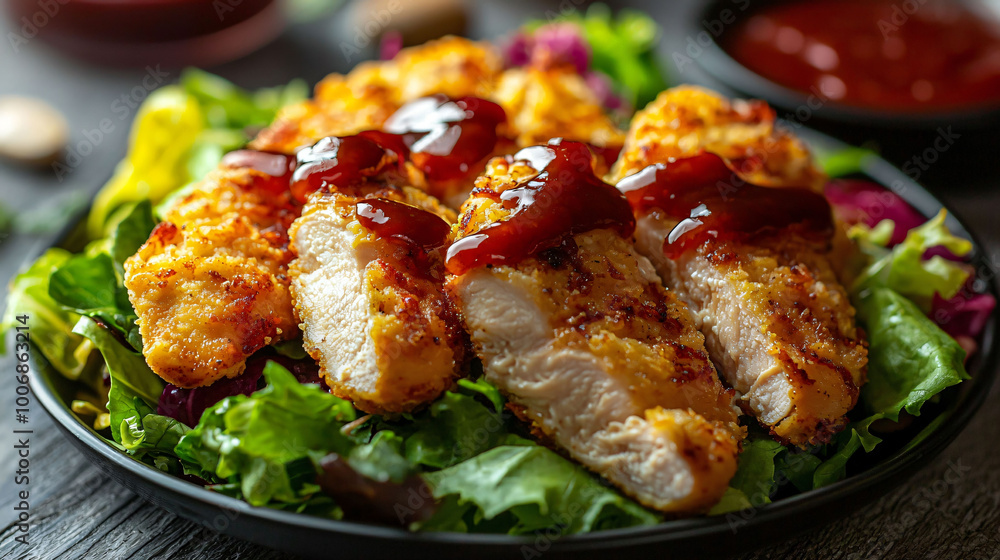 Crispy chicken cutlets served on bed of fresh salad, drizzled with savory sauce, create delicious and appetizing meal. This dish is perfect for healthy lunch or dinner option Crispy chicken cutlets served on bed of fresh salad, drizzled with savory sauce, create delicious and appetizing meal. This dish is perfect for healthy lunch or dinner option