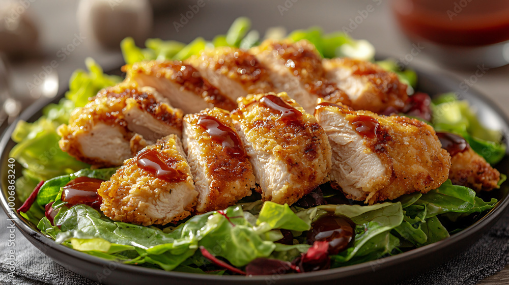 Crispy chicken cutlet served on bed of fresh salad, drizzled with sauce, creating delicious and appetizing meal. Perfect for lunch or dinner Crispy chicken cutlet served on bed of fresh salad, drizzled with sauce, creating delicious and appetizing meal. Perfect for lunch or dinner