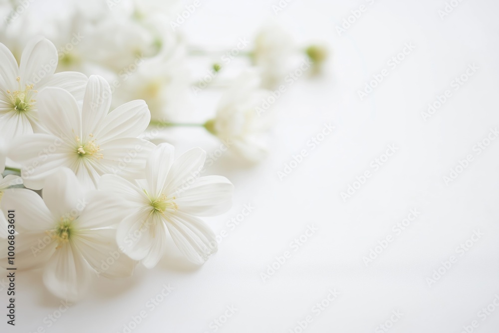 Obraz premium Delicate white flowers gently rest on a bright background, emanating a peaceful, gentle ambiance.