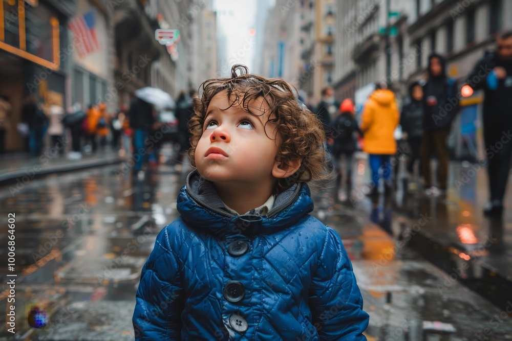 Fototapeta premium Curious Child in Raincoat Explores City Streets, Embracing the Wonder, Gazing Up at the City