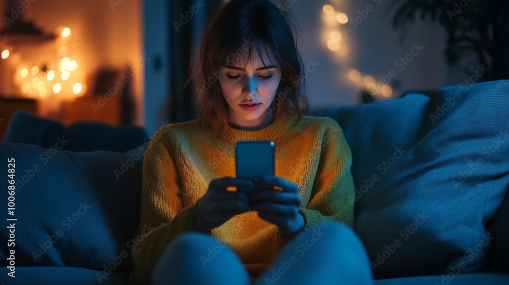 Sad Woman Holding a Mobile Phone Sitting on Couch in Dimly Lit Room Sad Woman Holding a Mobile Phone Sitting on Couch in Dimly Lit Room