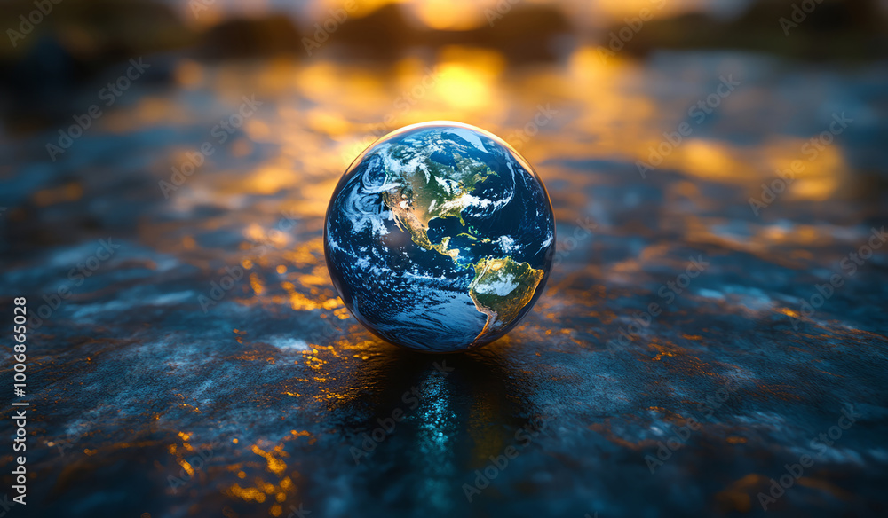 Luminous Earth at Twilight Reflecting on Water Surface