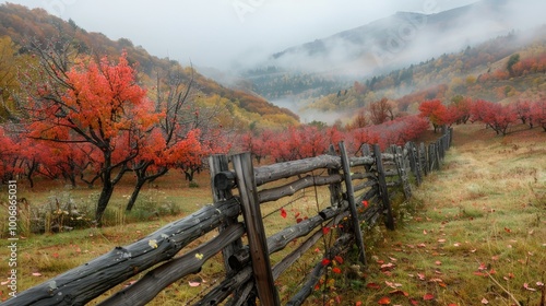 orchard with reddish foliage behind the fence on hillside in autumn mountains. gorgeous countryside with rising fog in valley