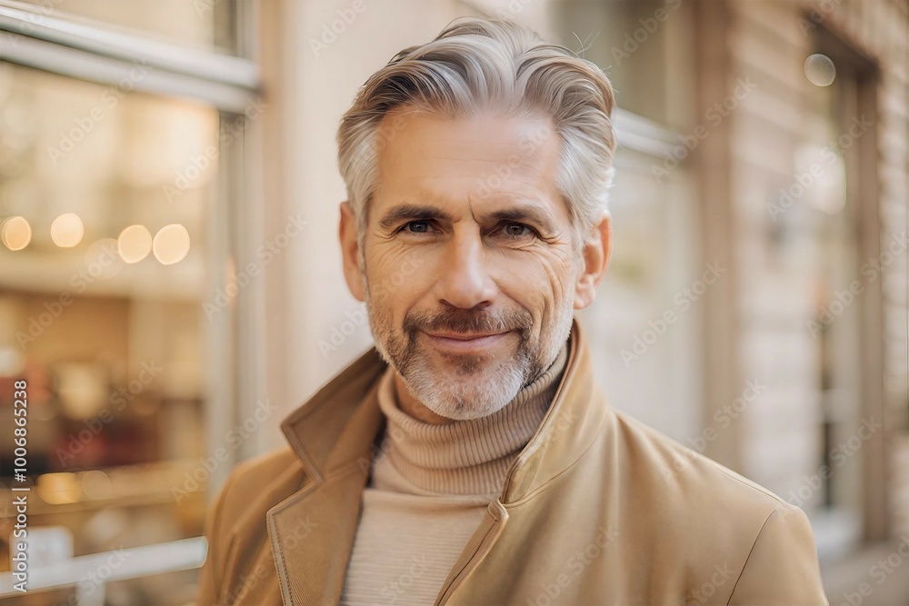 Close-up portrait of an older man with gray hair and beard, warm and confident expression, city street background with bokeh lights Close-up portrait of an older man with gray hair and beard, warm and confident expression, city street background with bokeh lights