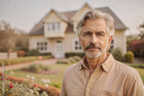 Gray-haired man with a beard, serious expression, standing in front of a large house with garden and colorful flowers, serene atmosphere