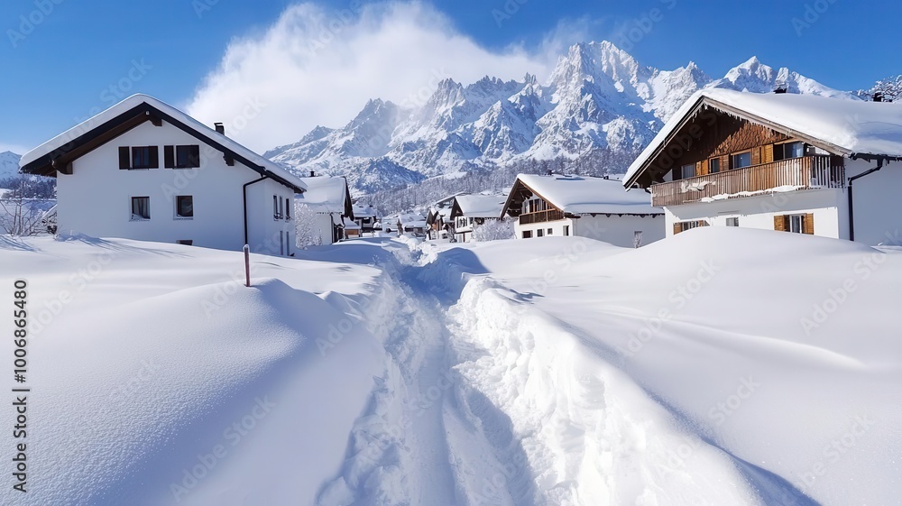 Blizzard burying a mountain town in snow, with residents digging out their homes blizzard snowstorm, mountain impact Blizzard burying a mountain town in snow, with residents digging out their homes blizzard snowstorm, mountain impact