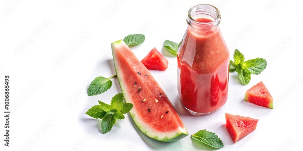 Fresh watermelon juice with slices and mint garnish. Fresh watermelon juice with slices and mint garnish.