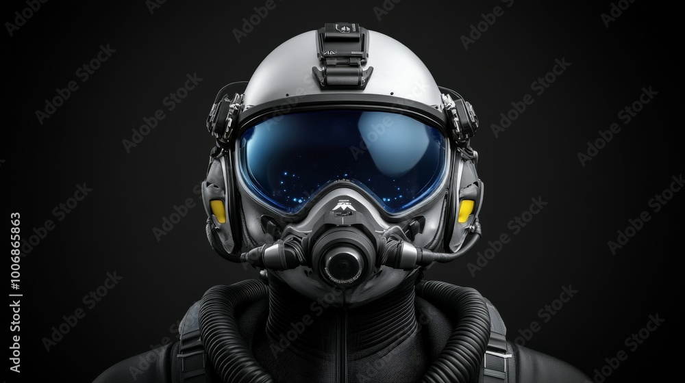 High-Tech Pilot Helmet: Close-up of a futuristic pilot helmet with advanced features, set against a dramatic dark background. High-Tech Pilot Helmet: Close-up of a futuristic pilot helmet with advanced features, set against a dramatic dark background.