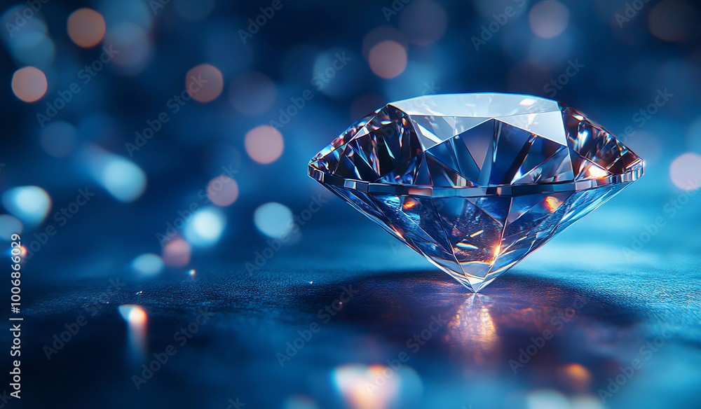 Brilliant Diamond on a Reflective Blue Surface with Abstract Light Bokeh Brilliant Diamond on a Reflective Blue Surface with Abstract Light Bokeh