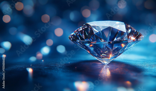 Brilliant Diamond on a Reflective Blue Surface with Abstract Light Bokeh