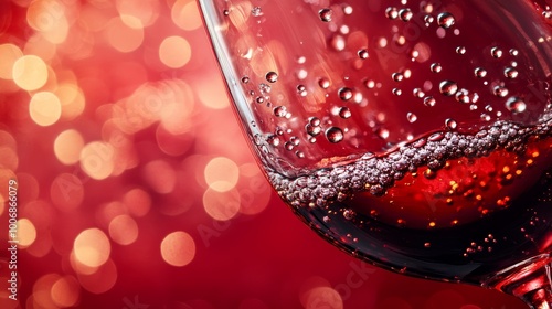 Red Wine Splashing with Bubbles Close-Up on Red Background