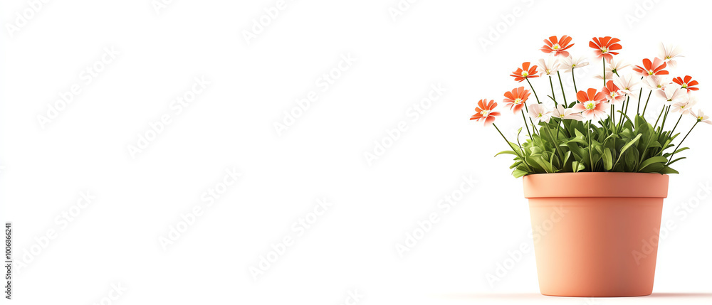Colorful flowers in a terracotta pot, white isolate background. Colorful flowers in a terracotta pot, white isolate background.