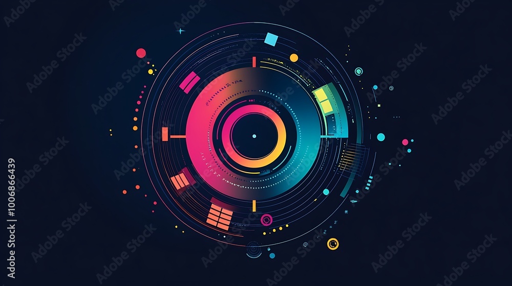 A vibrant abstract design with concentric circles, geometric shapes, and bright colors. A vibrant abstract design with concentric circles, geometric shapes, and bright colors.
