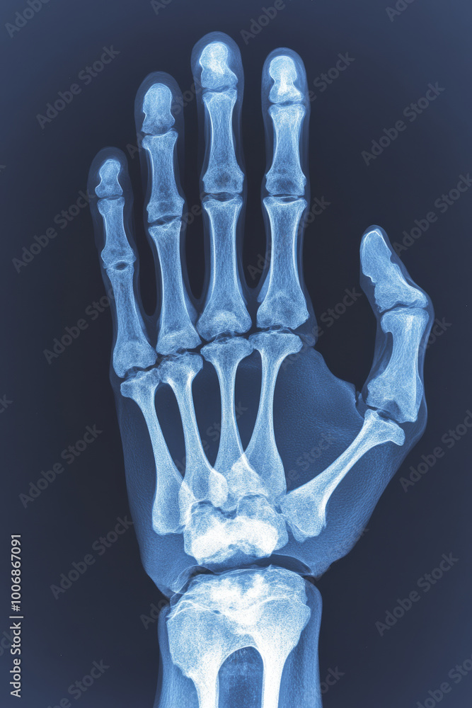 Detailed X-ray image showing the bones of a right hand with amputated middle and point fingers, ideal for medical and anatomical analysis.. Detailed X-ray image showing the bones of a right hand with amputated middle and point fingers, ideal for medical and anatomical analysis..