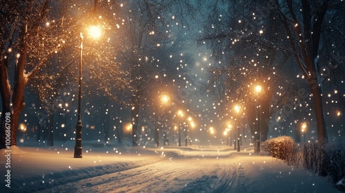 Snowy Winter Night Scene with Twinkling Lights Warm Holiday Atmosphere