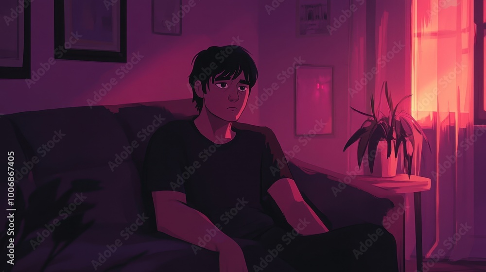 Fototapeta premium Depressed young man slouched on a sofa, staring into the distance, lost in thought, in a quiet, dimly lit room.