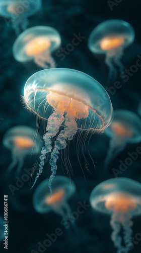 Ethereal View of Glowing Jellyfish in the Ocean Depths photo