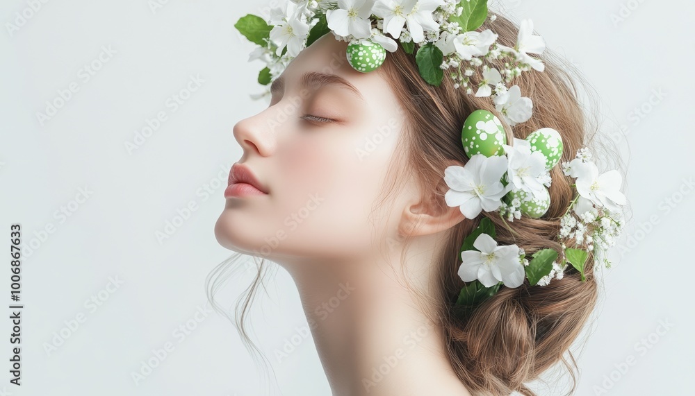 Beauty Girl with White Flower Crown Relaxing with Eyes Closed in Bright Natural Light Beauty Girl with White Flower Crown Relaxing with Eyes Closed in Bright Natural Light