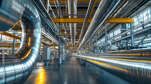 Modern industrial HVAC system featuring shiny metal ducts and extensive piping. spacious environment showcases well organized layout, emphasizing functionality and efficiency in design