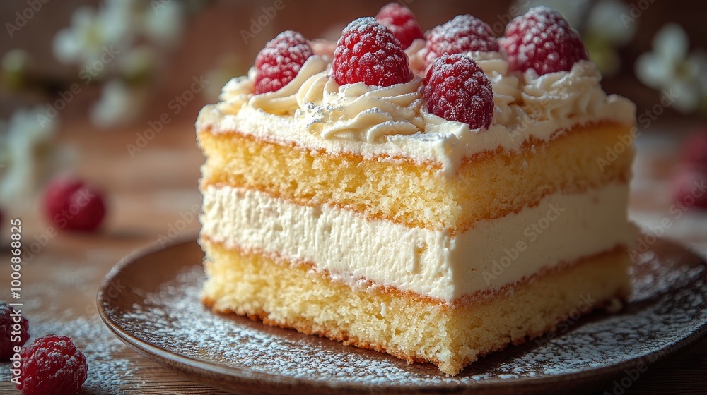 Delicious Cake with Whipped Cream and Raspberries Delicious Cake with Whipped Cream and Raspberries