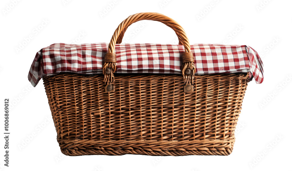 Woven picnic basket with red and white checkered cloth Woven picnic basket with red and white checkered cloth