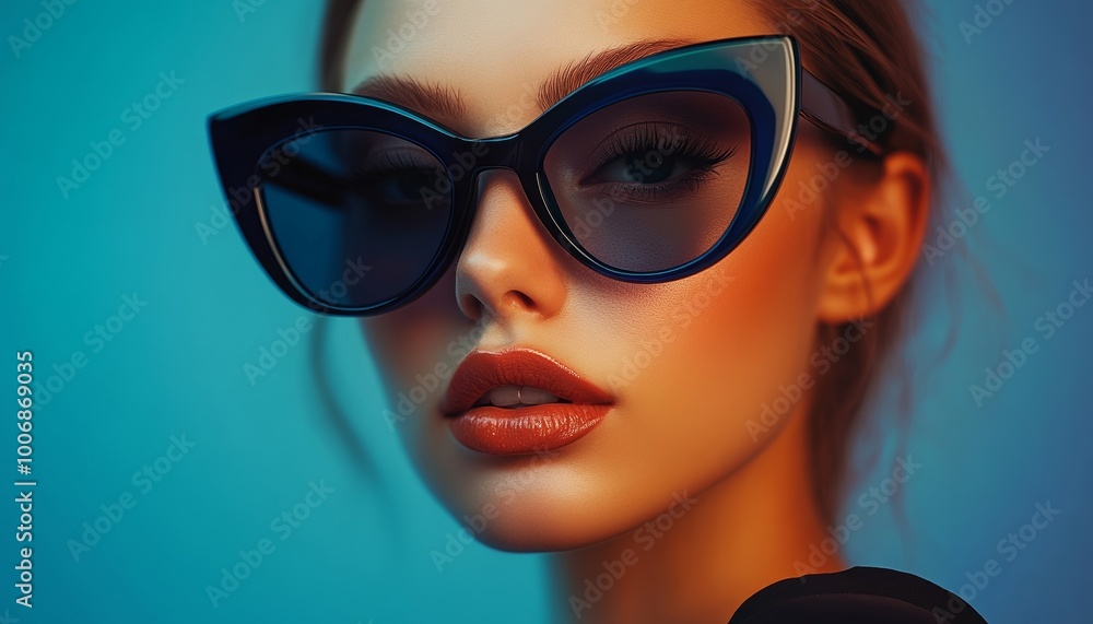 Smiling Woman Wearing Blue Cat-Eye Sunglasses on Orange Background Smiling Woman Wearing Blue Cat-Eye Sunglasses on Orange Background