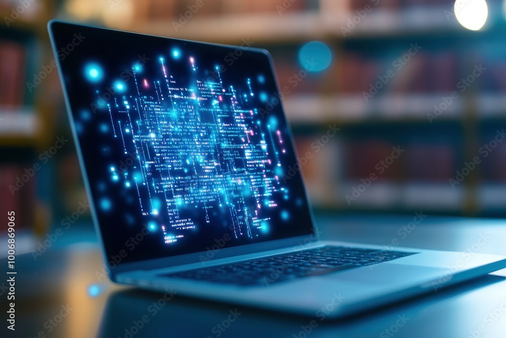 A laptop with a digital library background, surrounded by glowing bookshelves and code streams, representing the evolution of knowledge in online learning. A laptop with a digital library background, surrounded by glowing bookshelves and code streams, representing the evolution of knowledge in online learning.