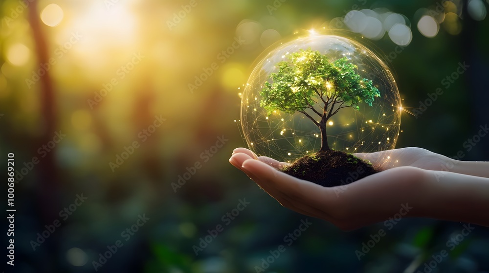 Green globe with tree on hand with natural background. Concept for  save our planet, world environment day, environmental, social, sustainable and ethical, earth day, ESG, net zero, and climate change