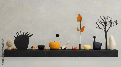 Artistic arrangement of abstract shapes and autumnal elements on a neutral background.