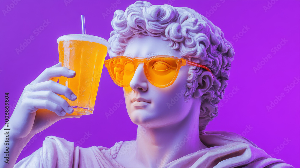 A modern stylized poster featuring the Greek god Apollo holding a refreshing drink with vibrant colors and neon lighting.. A modern stylized poster featuring the Greek god Apollo holding a refreshing drink with vibrant colors and neon lighting..