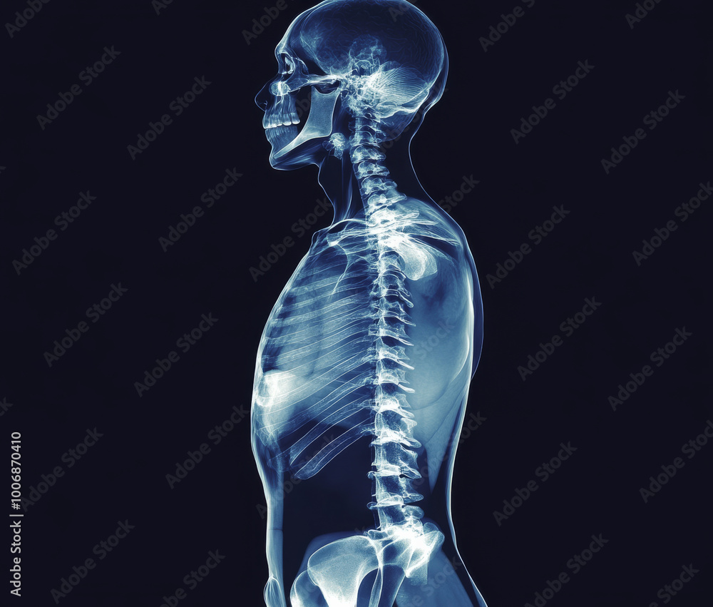 High-resolution X-ray image of a full human skeleton from a side view, showing detailed bones and anatomy for medical analysis.. High-resolution X-ray image of a full human skeleton from a side view, showing detailed bones and anatomy for medical analysis..