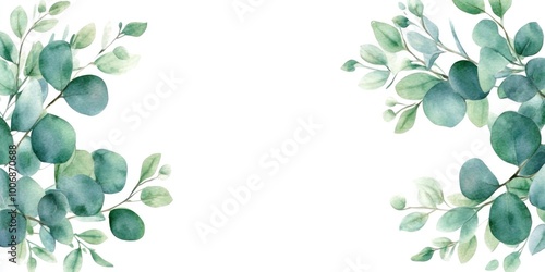 Watercolor green eucalyptus leaves framed on a white background