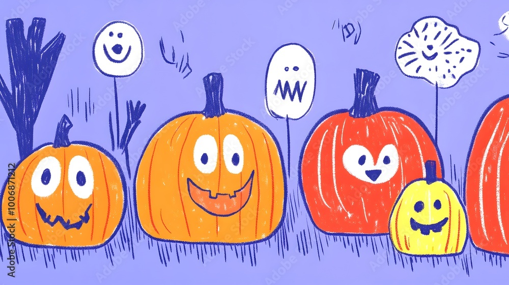 Colorful cartoon pumpkins with playful expressions on a purple background. Colorful cartoon pumpkins with playful expressions on a purple background.