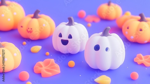 Colorful Halloween-themed pumpkins and ghostlings on a vibrant purple background.