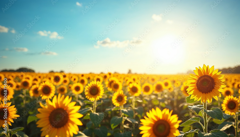 Fototapeta premium A sunflower field under a bright blue sky, radiating positivity and light for inspiring quote backgrounds