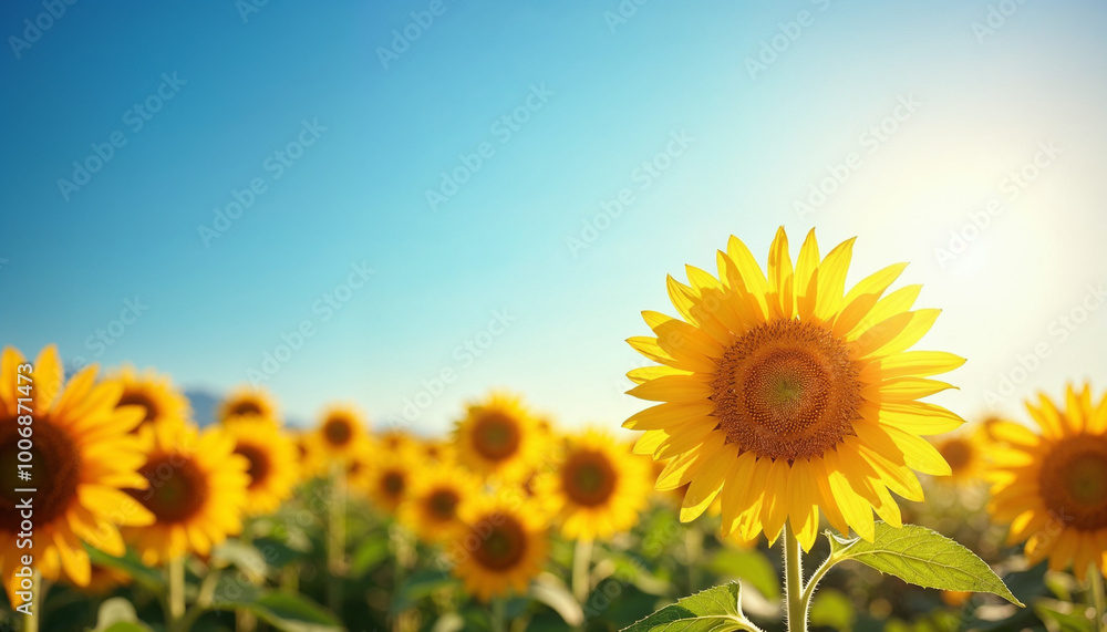 Obraz premium A sunflower field under a bright blue sky, radiating positivity and light for inspiring quote backgrounds