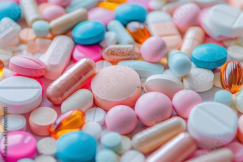 A scatter of medicine pills and capsules, showcasing the extensive variety of healthcare treatments. , background blur