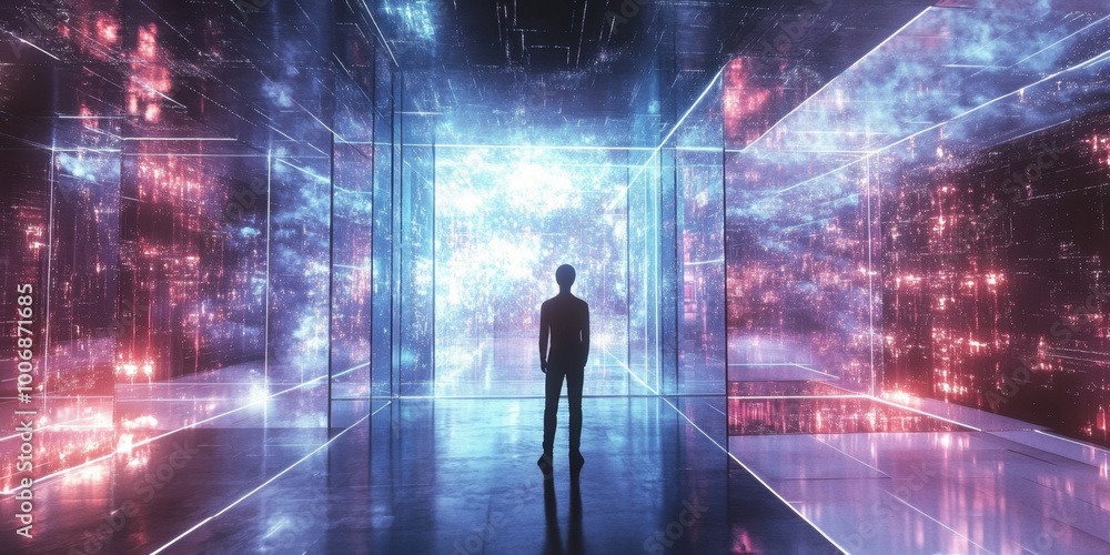 a man standing in a dark room with neon lights a man standing in a dark room with neon lights