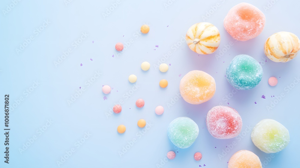 Colorful array of sweet candies and gummies on a pastel blue background. Colorful array of sweet candies and gummies on a pastel blue background.